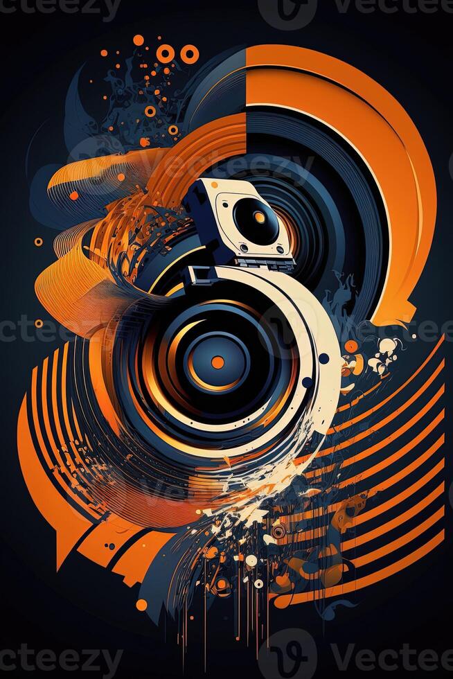 Background banner Music and sound with some technology, orange and dark blue color.Gold music notes and treble clef on line wave of sound tune. illustration template for music festival photo