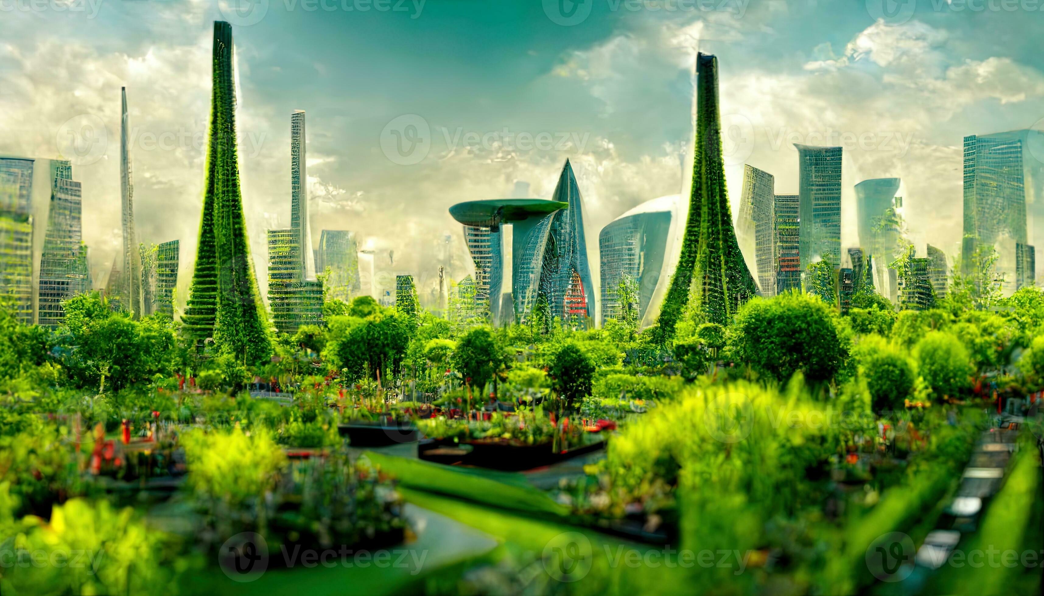 Spectacular eco-futuristic cityscape full with greenery, skyscrapers ...