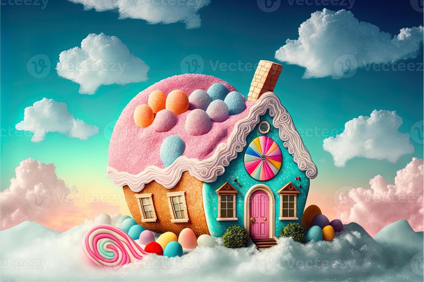 Christmas decorations with colorful gingerbread pink house and colorful candy on white cloud. Winter holidays new year and xmas composition. Amazing fairy Christmas house. photo