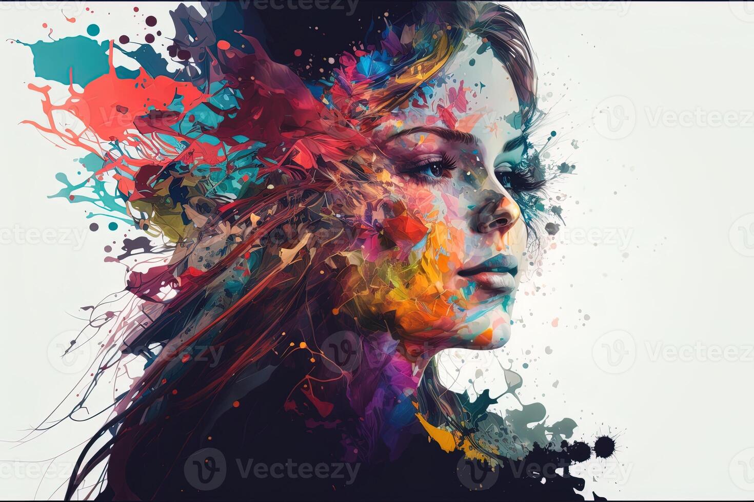 Beautiful fantasy abstract portrait of a beautiful woman double exposure with a colorful digital paint splash or space nebula, photo