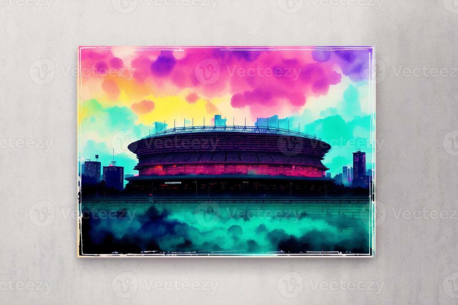 Stadium on the watercolor background. Stylized drawing.Abstract colorful background. Watercolor paint. Digital art, photo