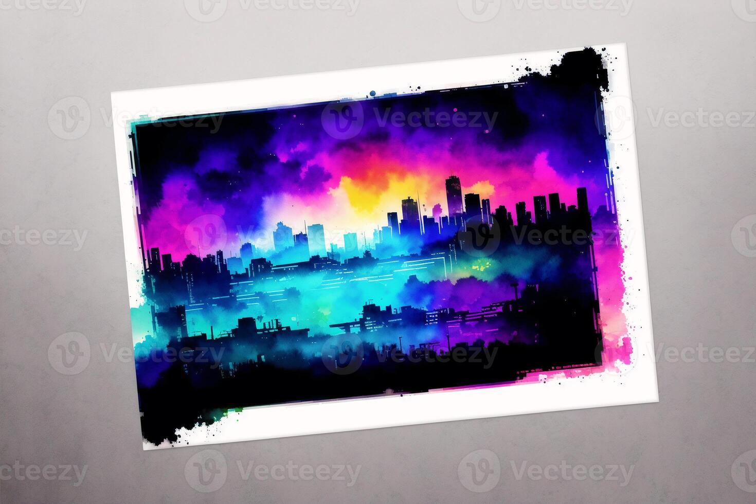 Abstract colorful watercolor background with skyscrapers. beautiful silhouette of the city. Digital art, photo