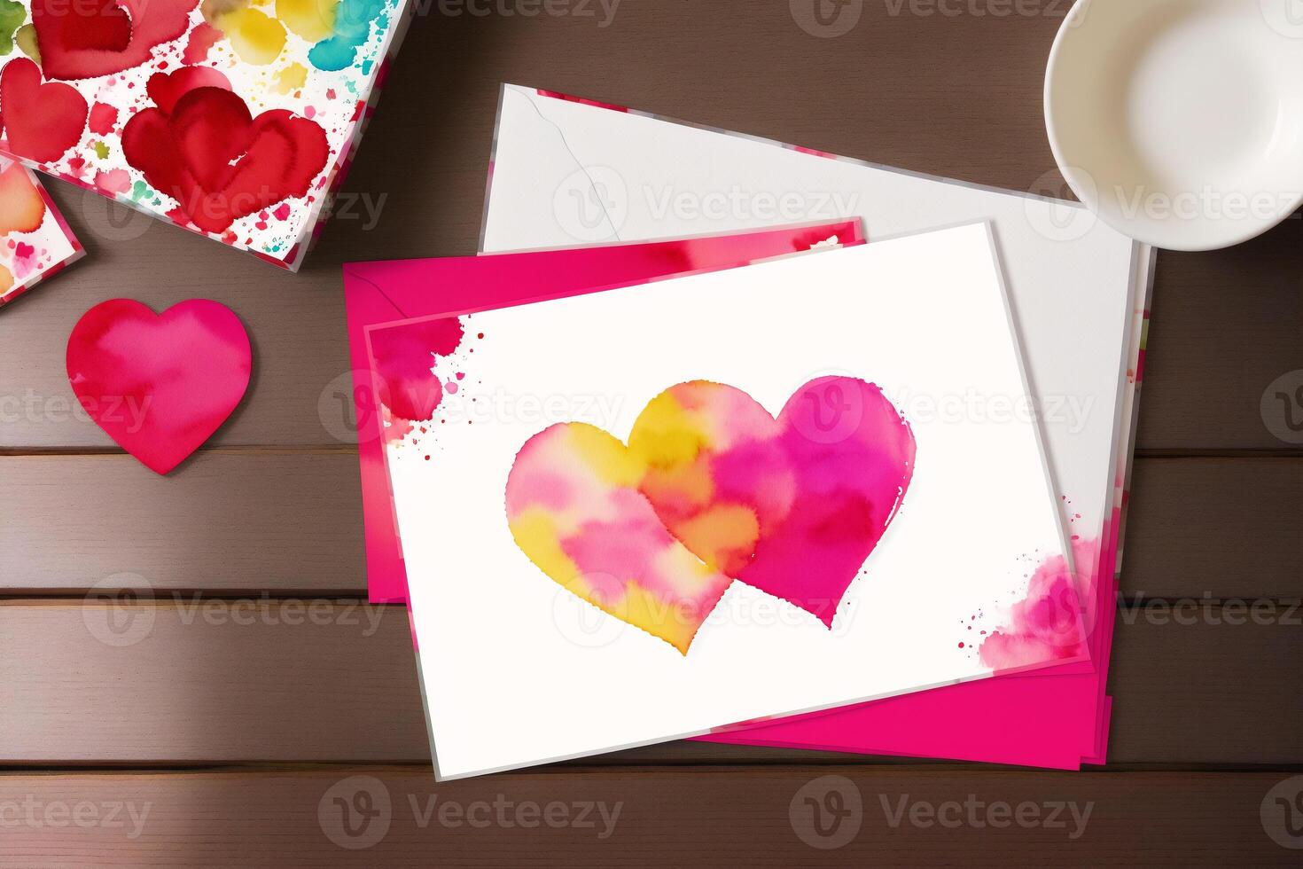 Valentine's day postcard. Watercolor hearts on the watercolor background. Valentine's day. Watercolor paint. Digital art, photo