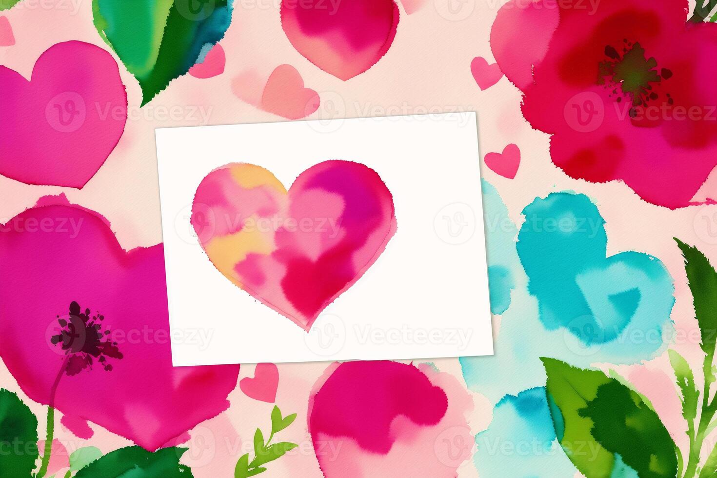 Valentine's day postcard. Watercolor hearts on the watercolor background. Valentine's day. Watercolor paint. Digital art, photo