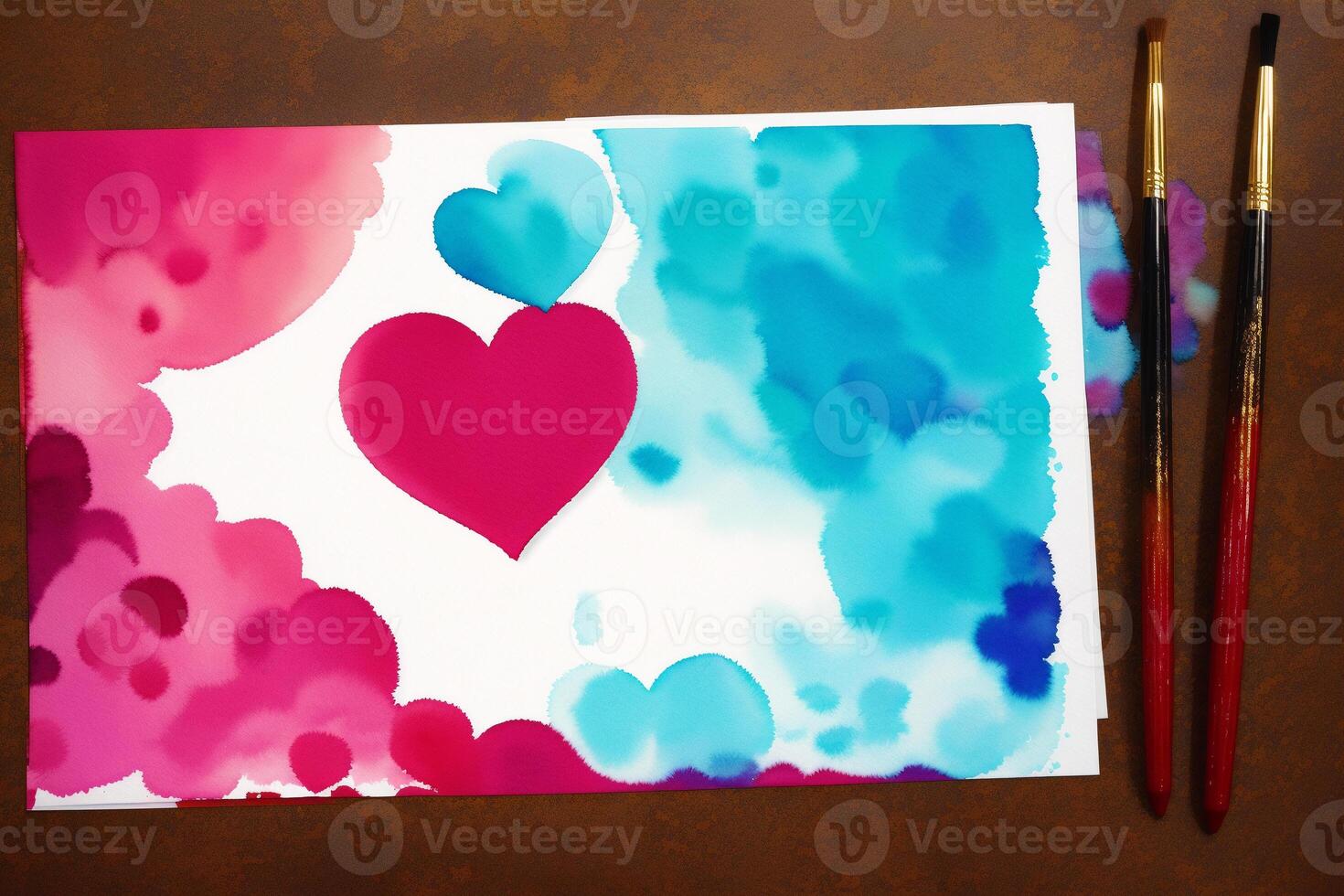 Valentine's day postcard. Watercolor hearts on the watercolor background. Valentine's day. Watercolor paint. Digital art, photo