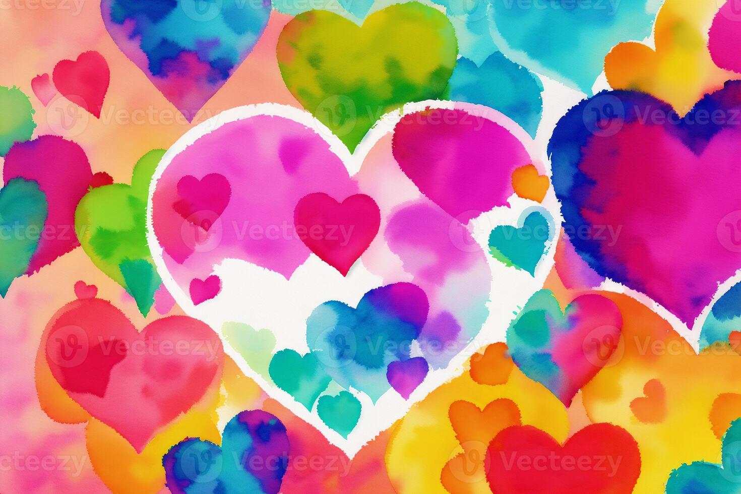 Valentine's day postcard. Watercolor hearts on the watercolor background. Valentine's day. Watercolor paint. Digital art, photo