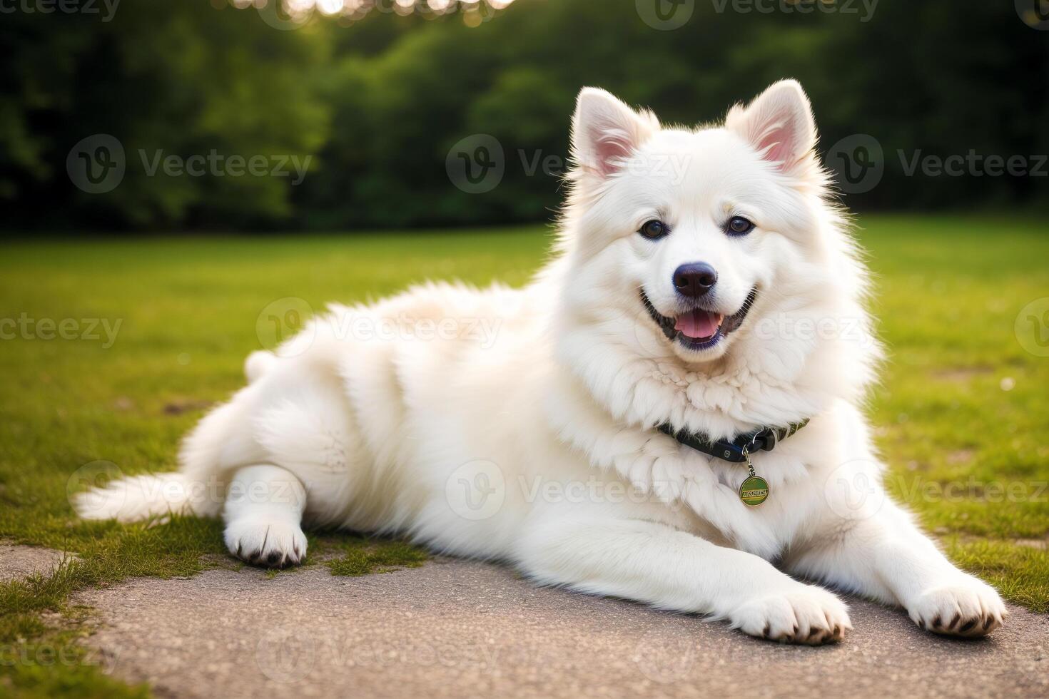 Portrait of a beautiful dog breed American Eskimo Dog in the park. photo