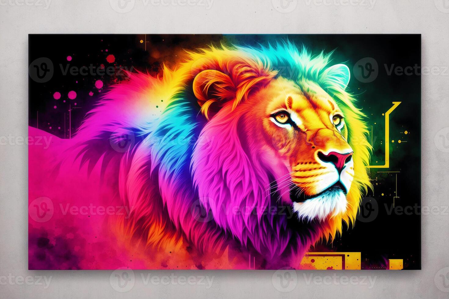 Lion, art illustration color abstract painting design on the black background.Digital art, photo