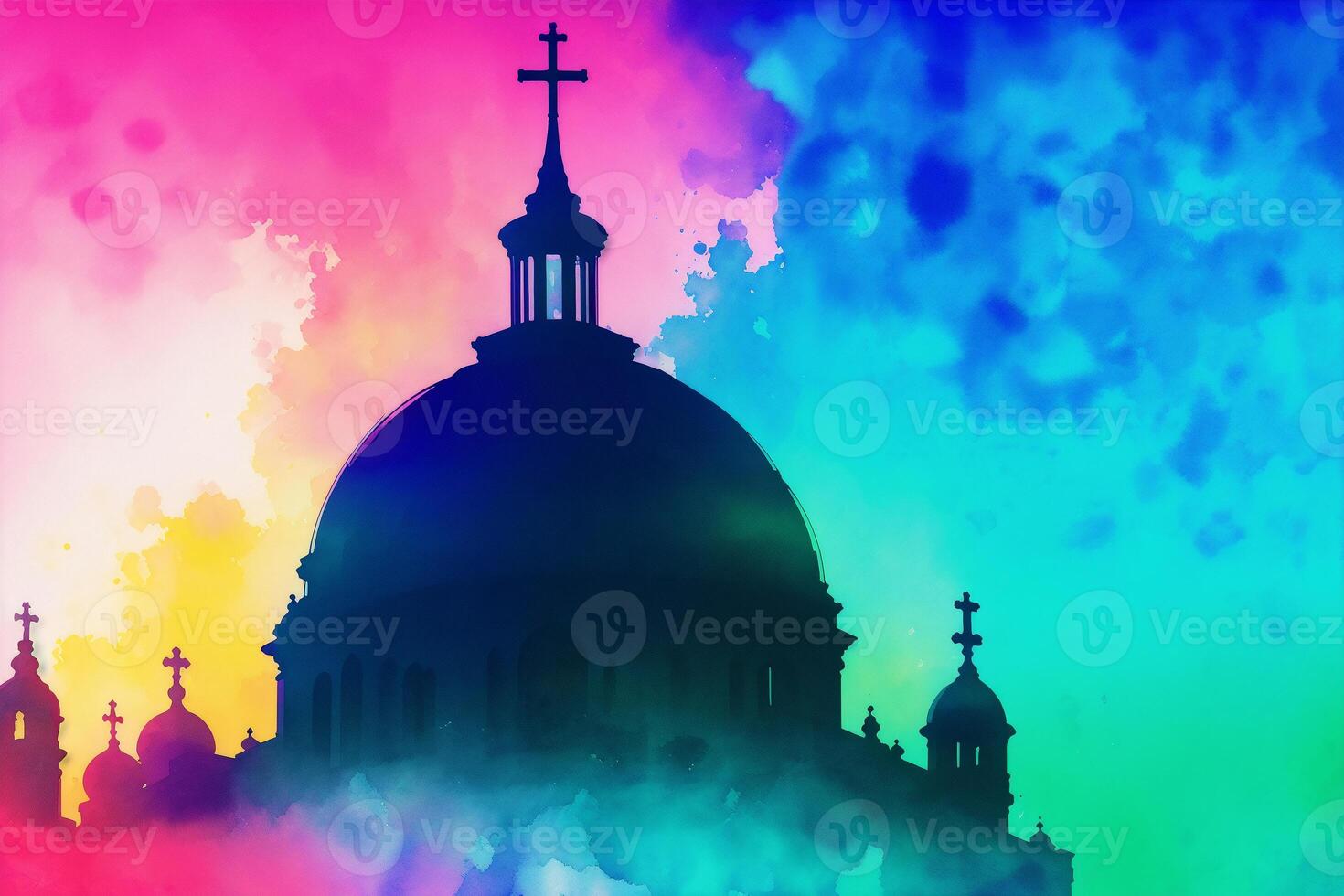 Church silhouette on a colorful background. Abstract colorful background. Watercolor paint. Digital art, photo