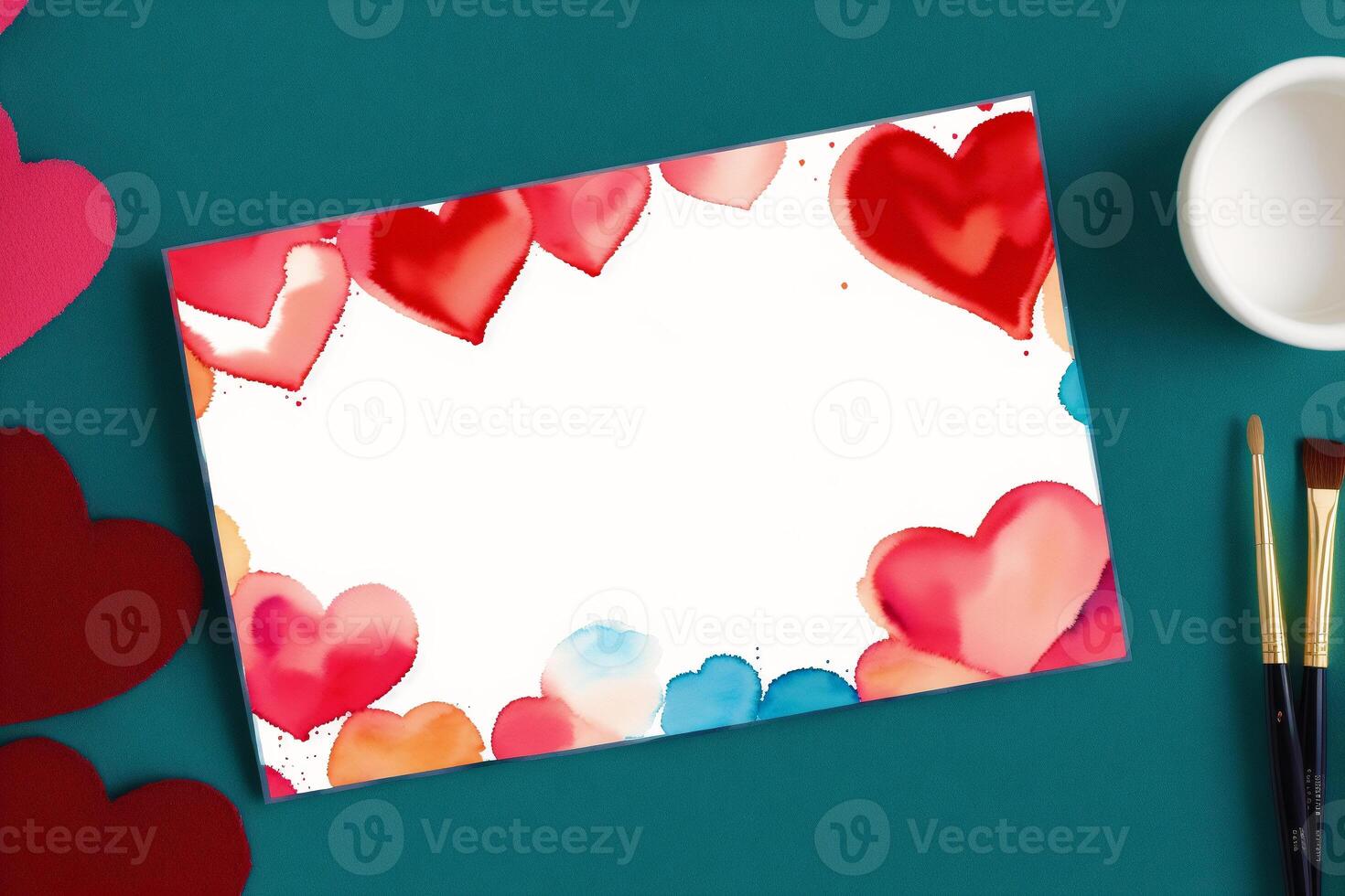 Valentine's day postcard. Watercolor hearts on the watercolor background. Valentine's day. Watercolor paint. Digital art, photo