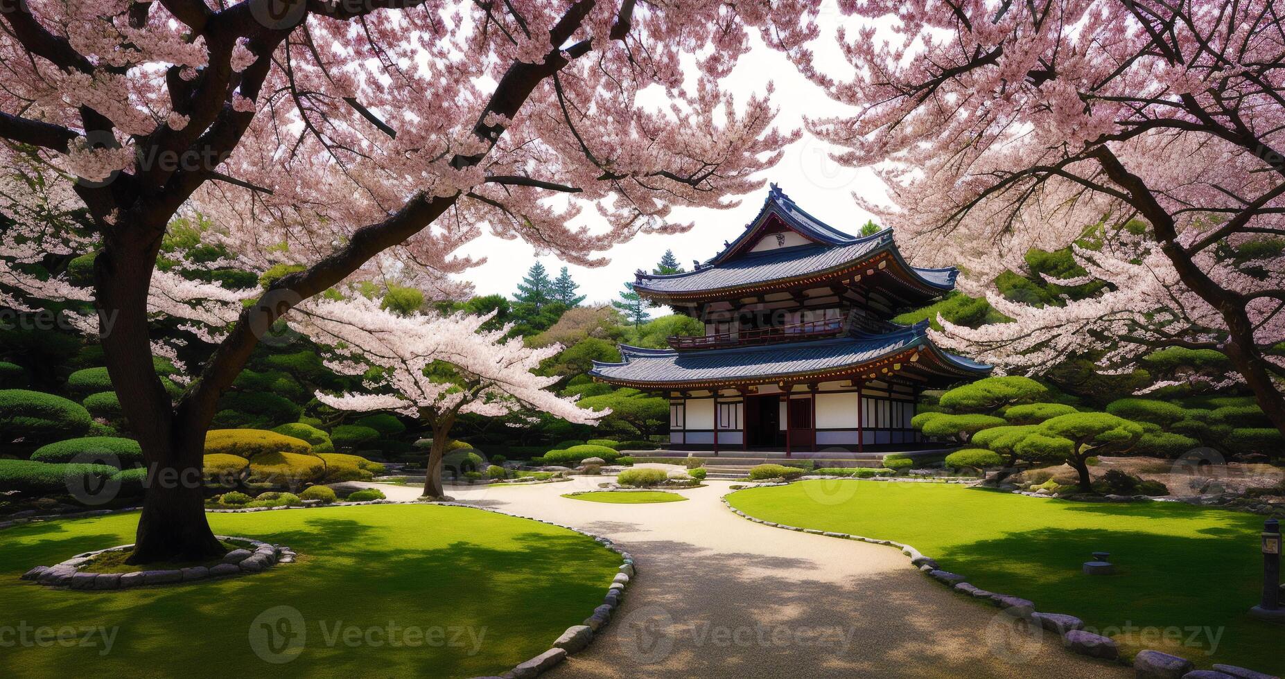 Japanese temple in spring with blooming cherry tree. Digital painting..Watercolor paint. Digital art, photo