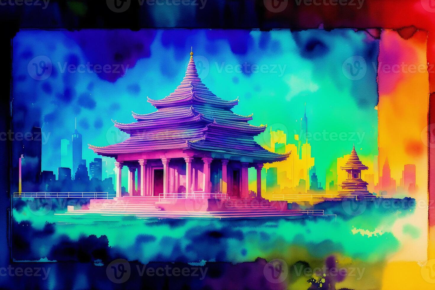 Chinese ancient temple. Digital painting..Watercolor paint. Digital art, photo