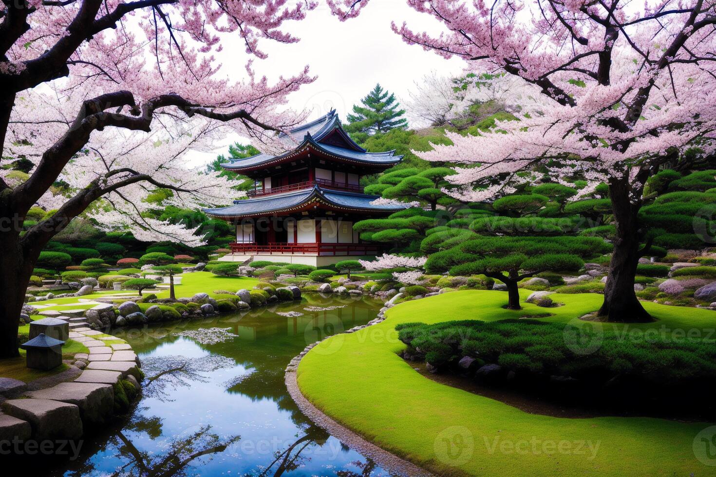 Japanese temple in spring with blooming cherry tree. Digital painting..Watercolor paint. Digital art, photo
