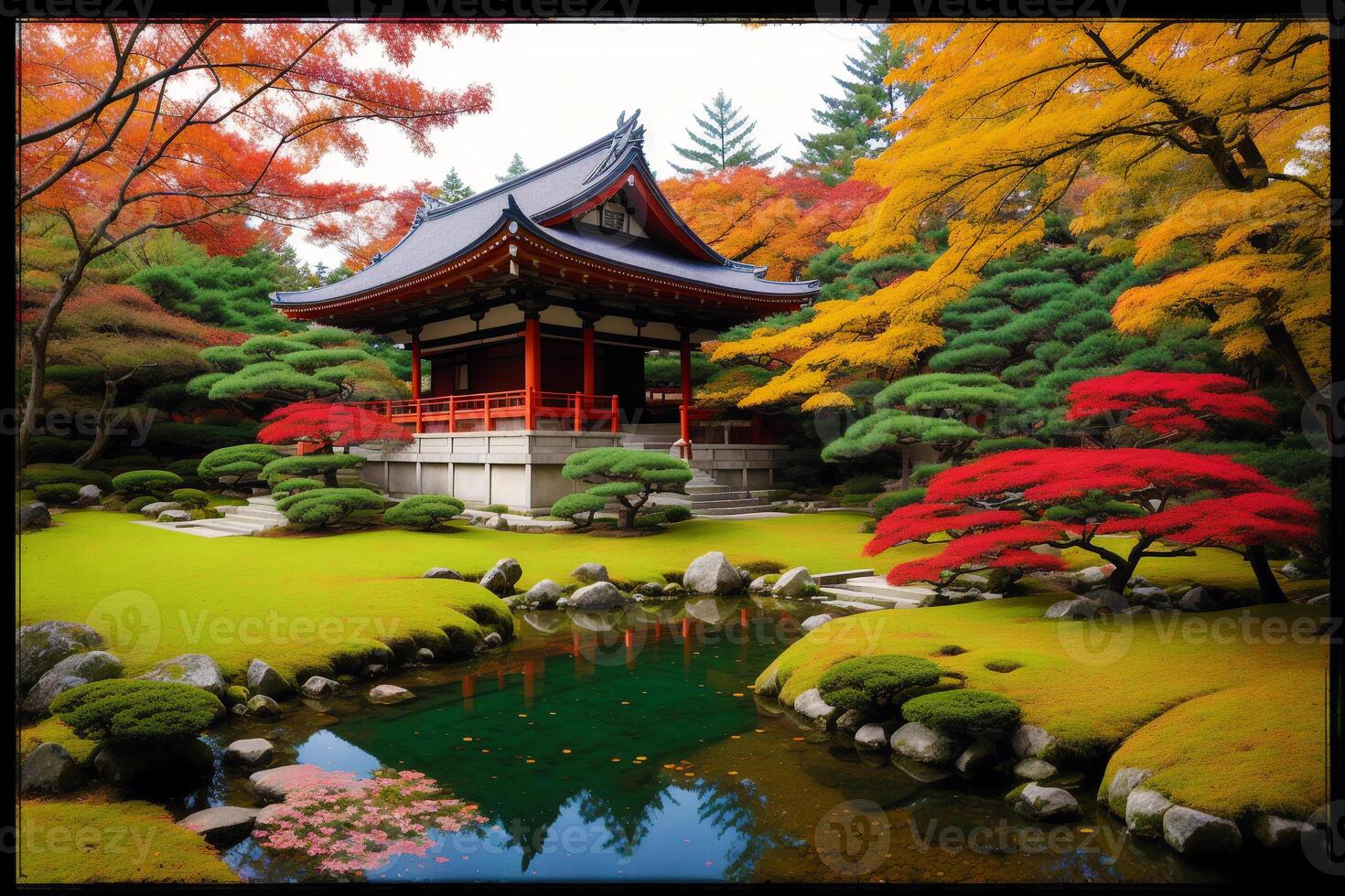 Japanese temple in spring with blooming cherry tree. Digital painting..Watercolor paint. Digital art, photo