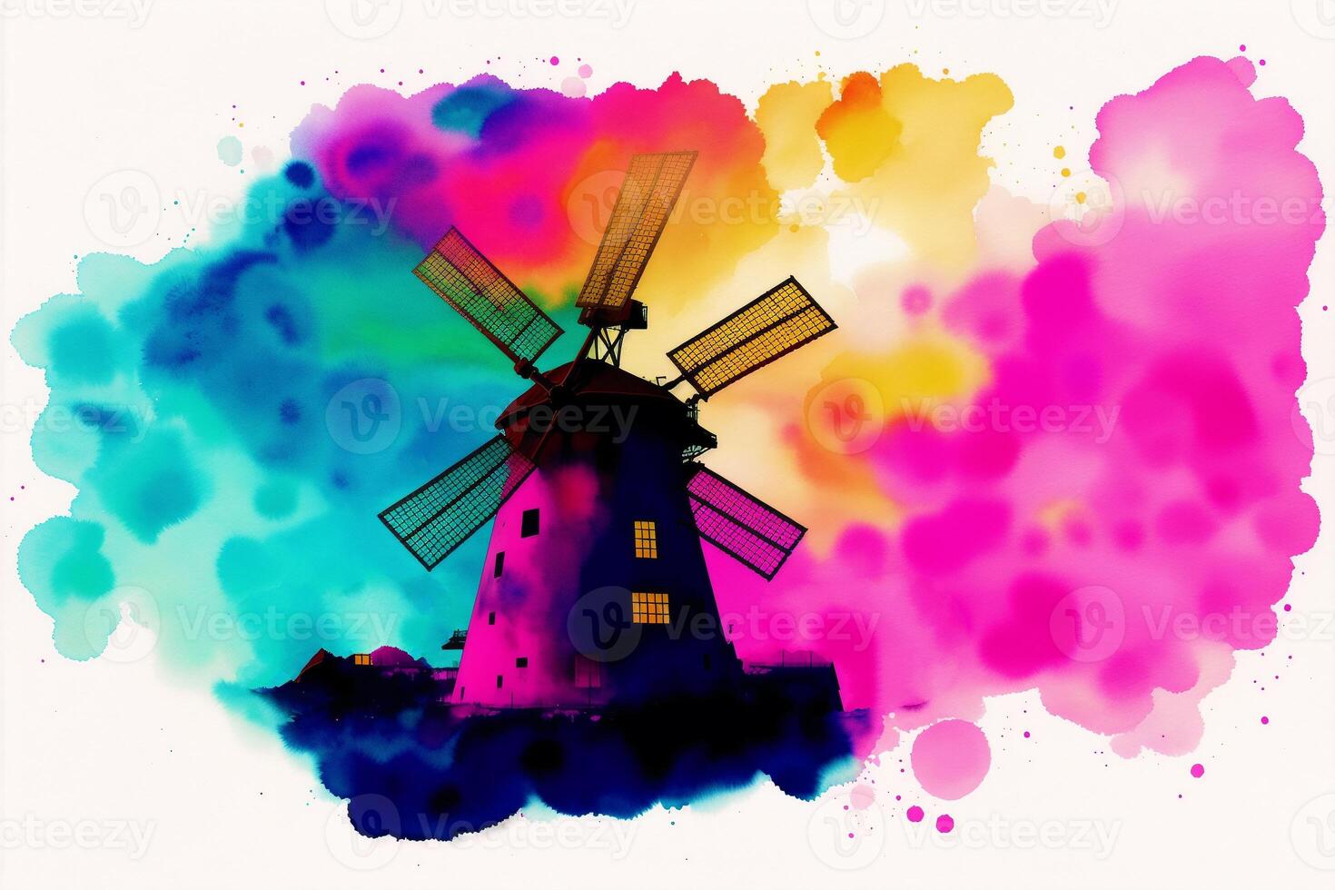 Old windmill on colorful watercolor background. Watercolor paint. Digital art, photo