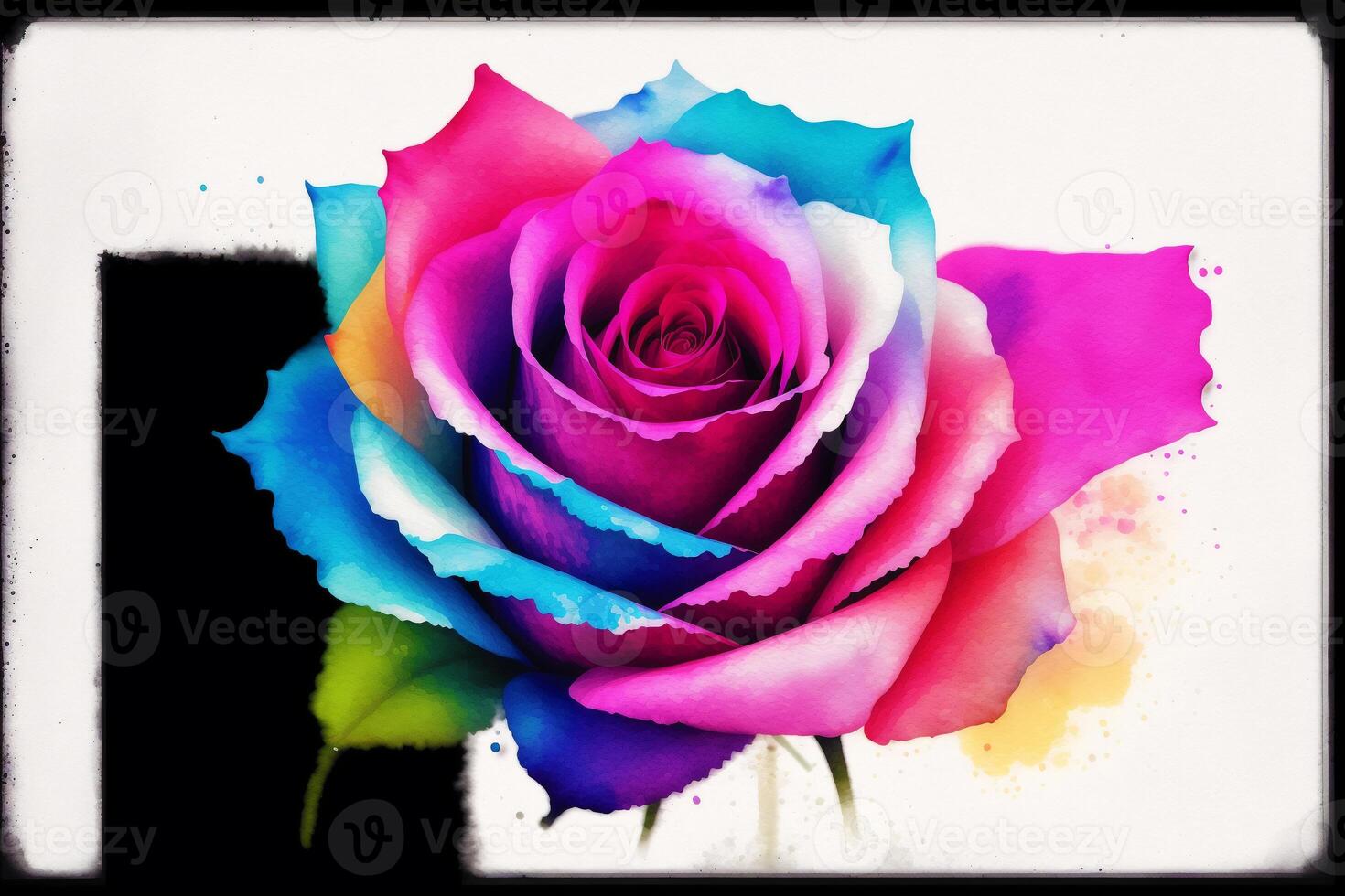 Colorful watercolor background with a rose in the center and a place for your text. Watercolor paint. Digital art, photo