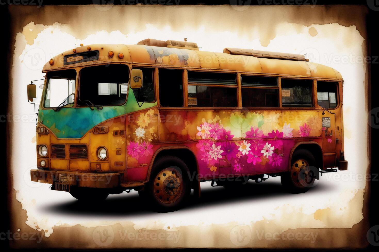 A colorful bus. Watercolor paint. Digital art, A red double decker bus. photo