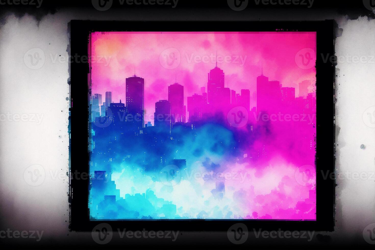 Abstract colorful watercolor background with skyscrapers. beautiful silhouette of the city. Digital art, photo