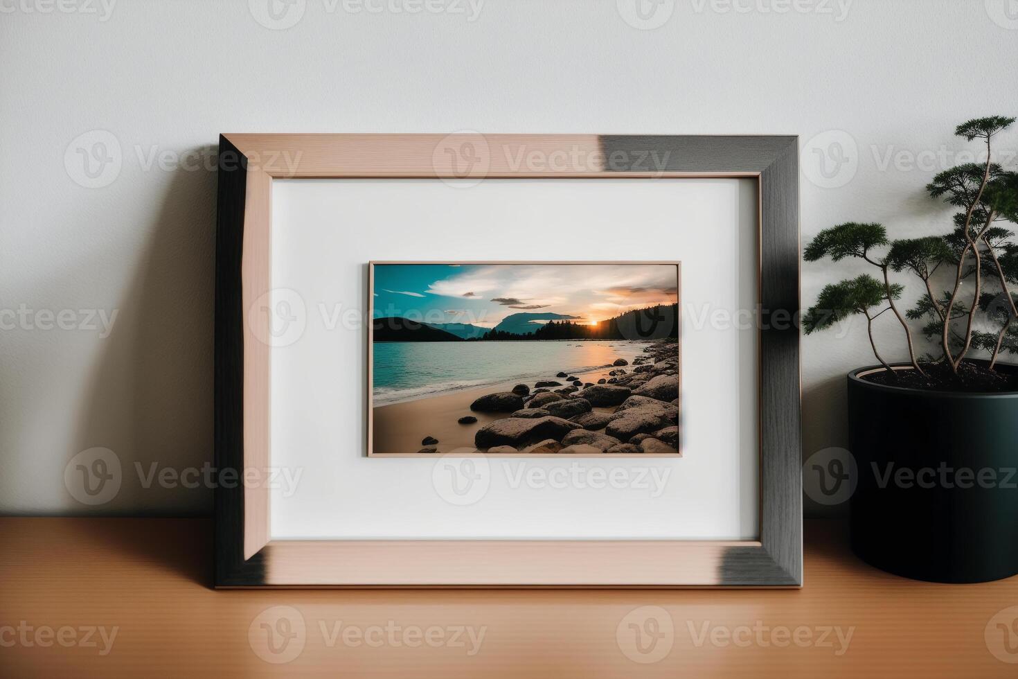 Photo frame on the wooden table. Blank wooden photo frame. Mock up.