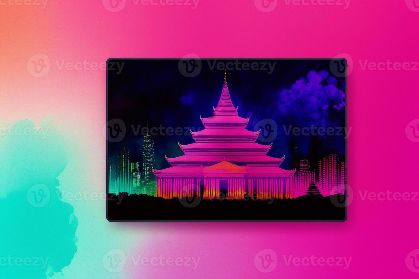 Thailand temple in the foggy morning. Digital painting.Watercolor paint. Digital art, photo