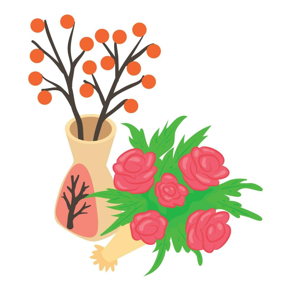 Flower bouquet icon isometric vector. Rose bouquet and decorative branch in vase vector