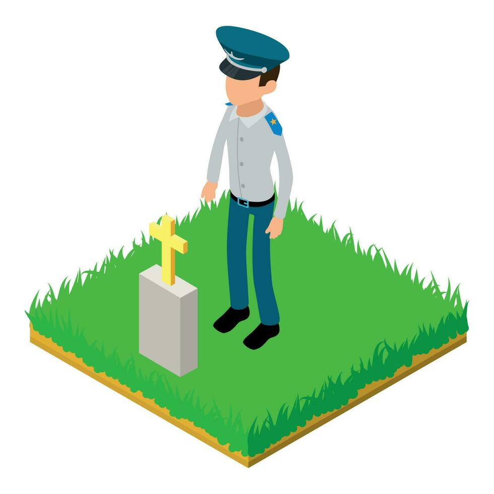 Air pilot icon isometric vector. Airpilot man character stand near friend grave vector