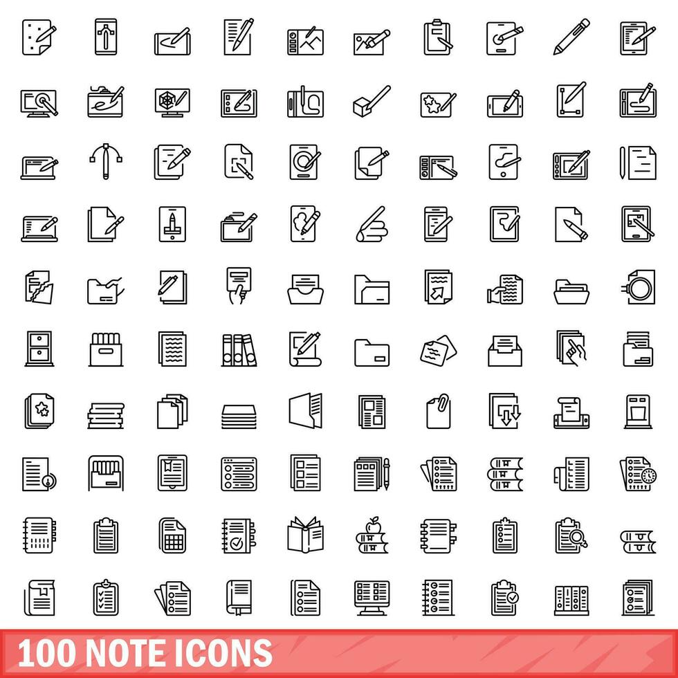 100 note icons set, outline style vector