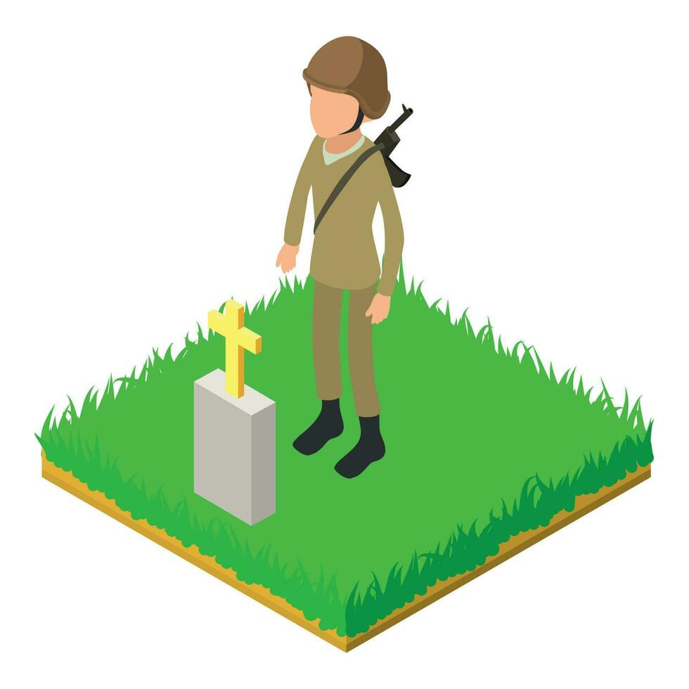 Soviet soldier icon isometric vector. Soldier man in uniform stand near grave vector