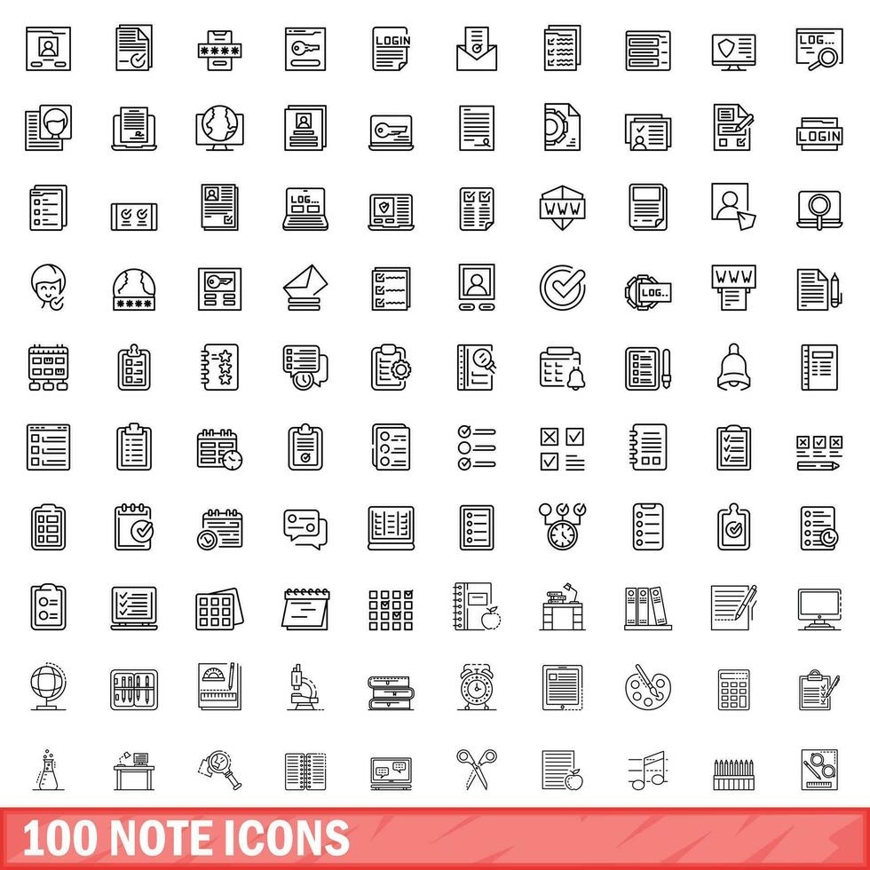 100 note icons set, outline style vector