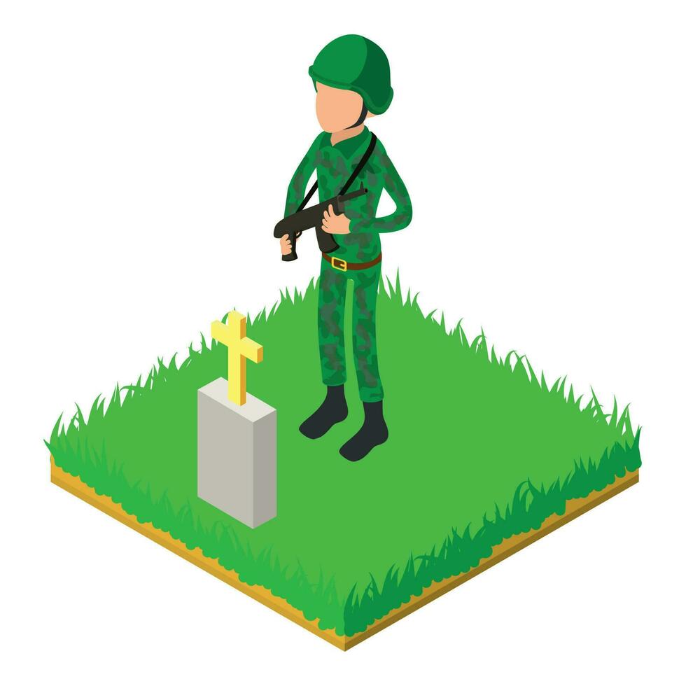 Military man icon isometric vector. Soldier with weapon stand near friend grave vector