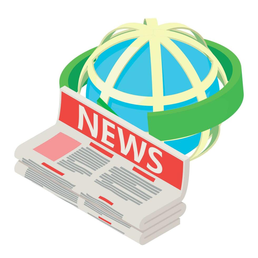 Business news icon isometric vector. Arrow around globe grid and newspaper stack vector