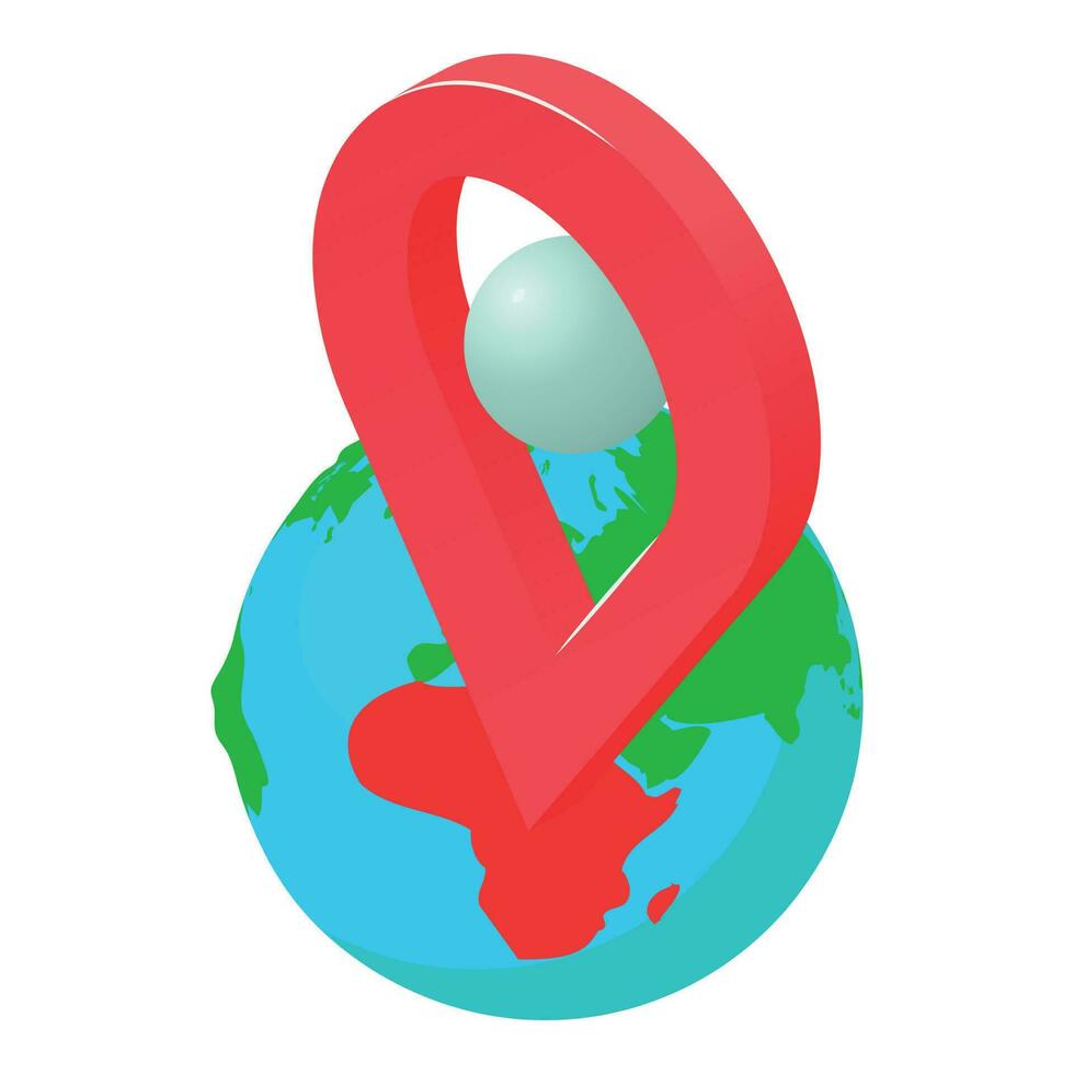 Gps global icon isometric vector. Planet earth globe with big red gps pin icon vector