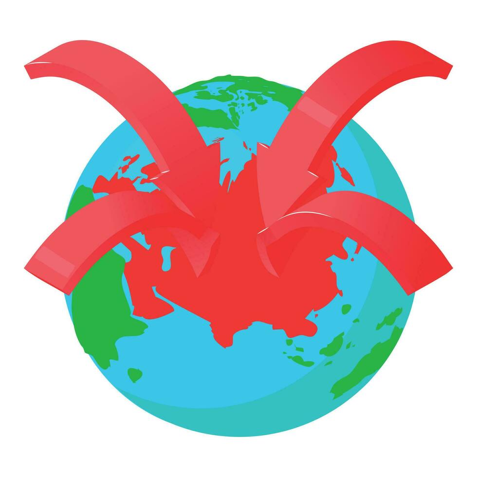 Earth location icon isometric vector. Planet earth globe with red direction sign vector