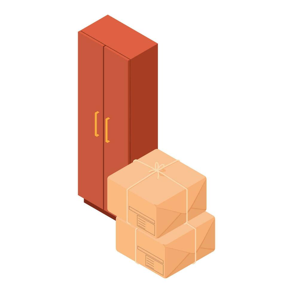 Wooden furniture icon isometric vector. New modern wooden locker and two parcel vector