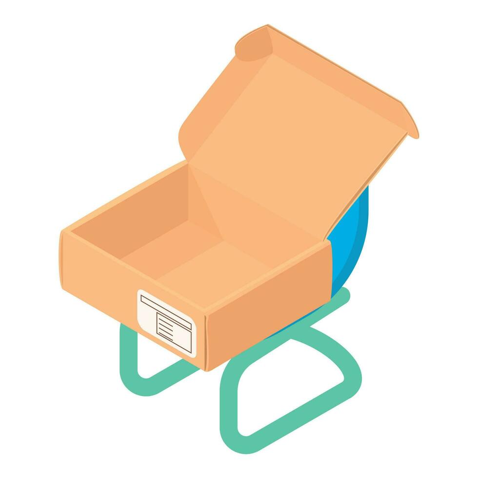 Soft chair icon isometric vector. Bright blue soft chair and open big wooden box vector