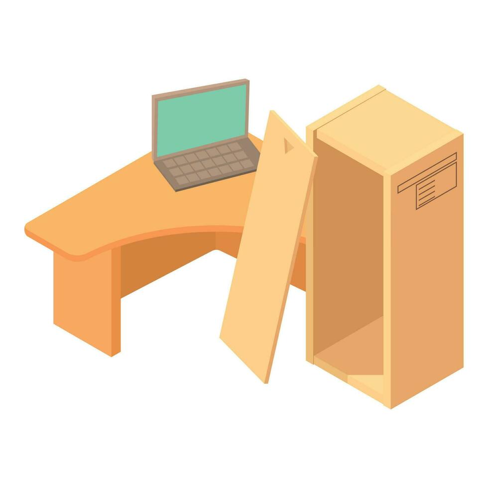 Home workplace icon isometric vector. Work desk with laptop and open wooden box vector