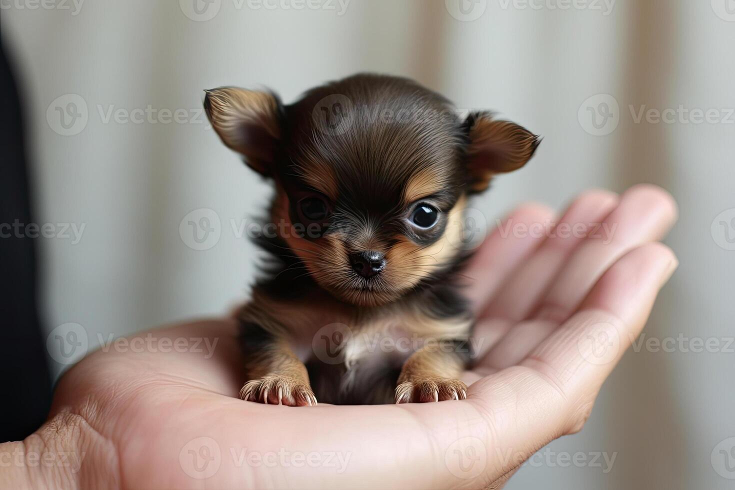 Small dog sitting on owner palm. photo