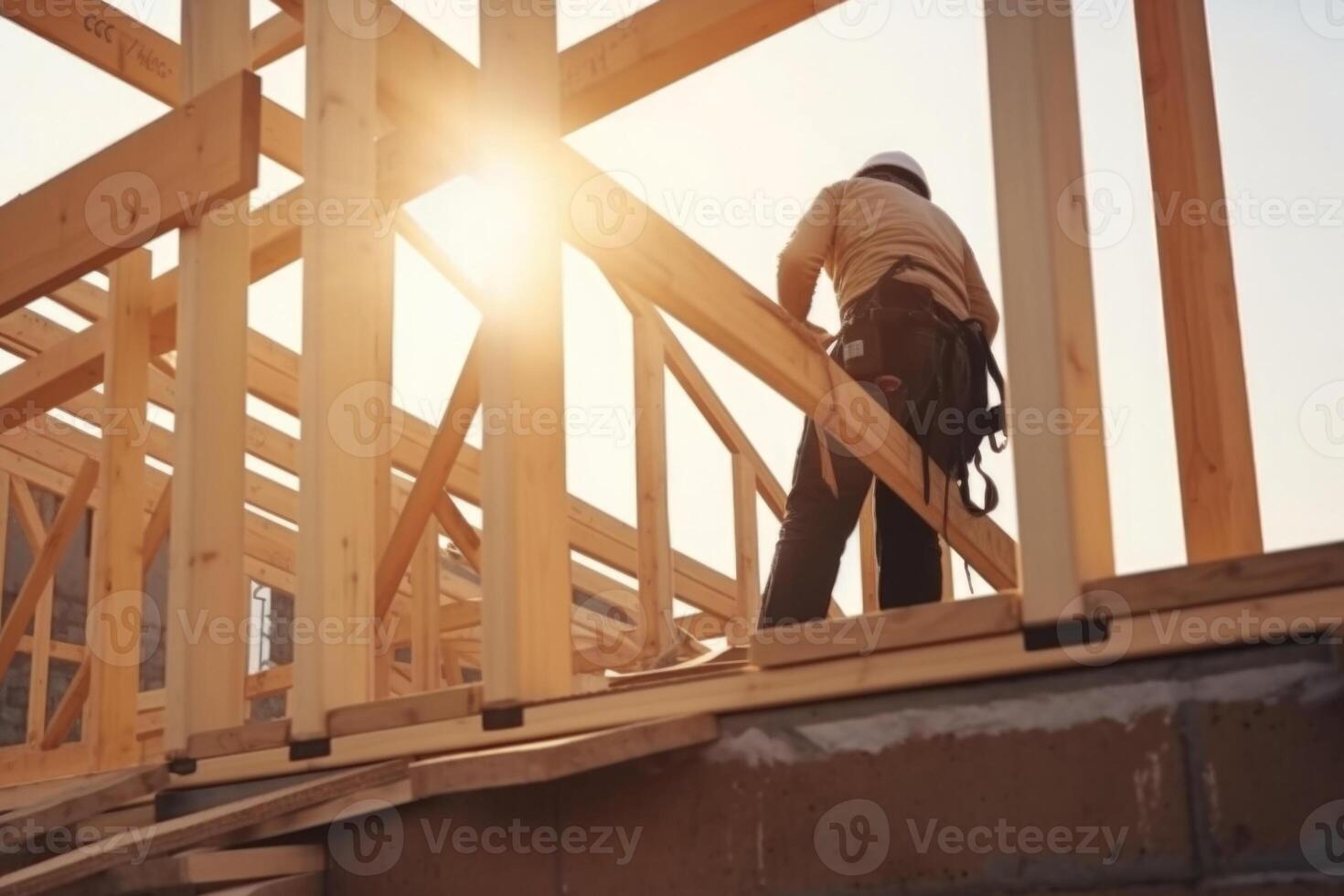 New house construction. Wooden frame with truss, post and beams. photo