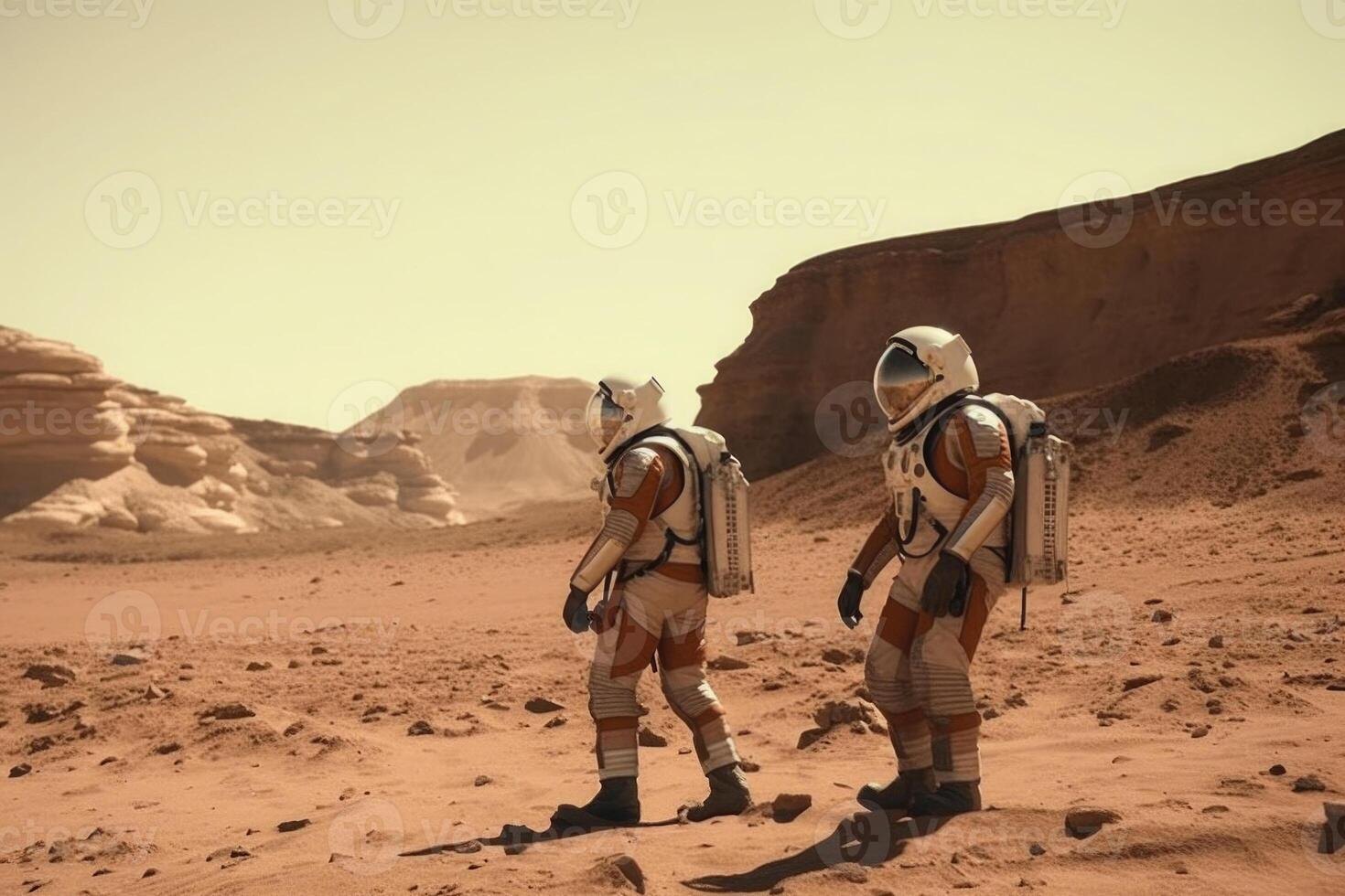 Astronauts wearing space suits walking on red planet. photo