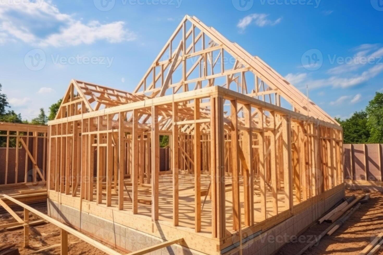 New house construction. Wooden frame with truss, post and beams. photo