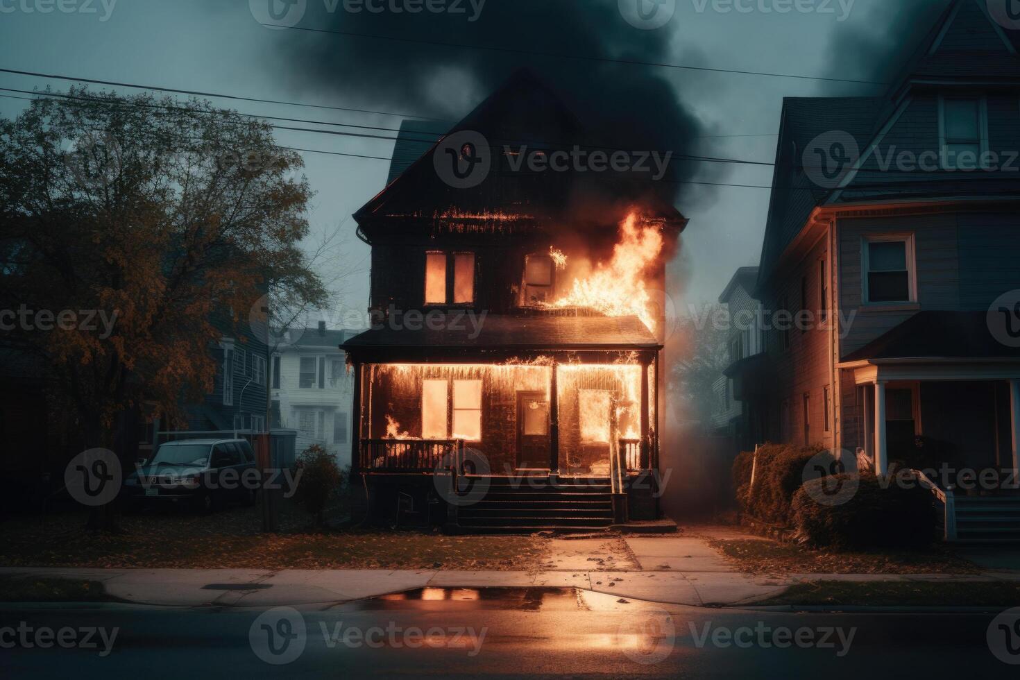 Burning house in the night. Residential house in fire. photo