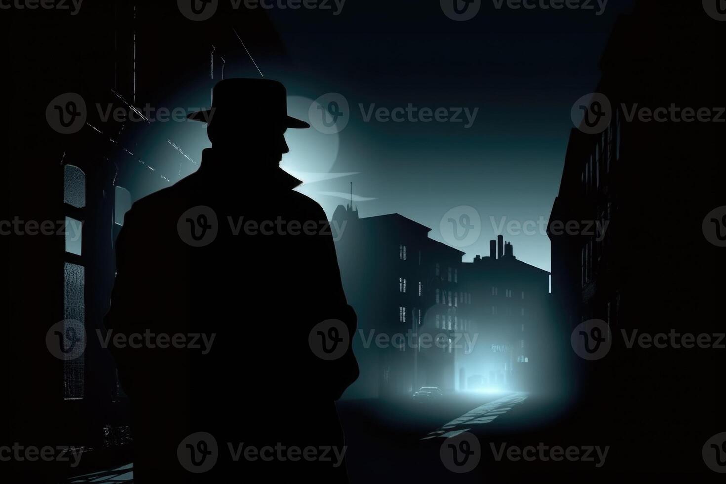 Silhouette of man in old fashioned hat and coat at night street. photo