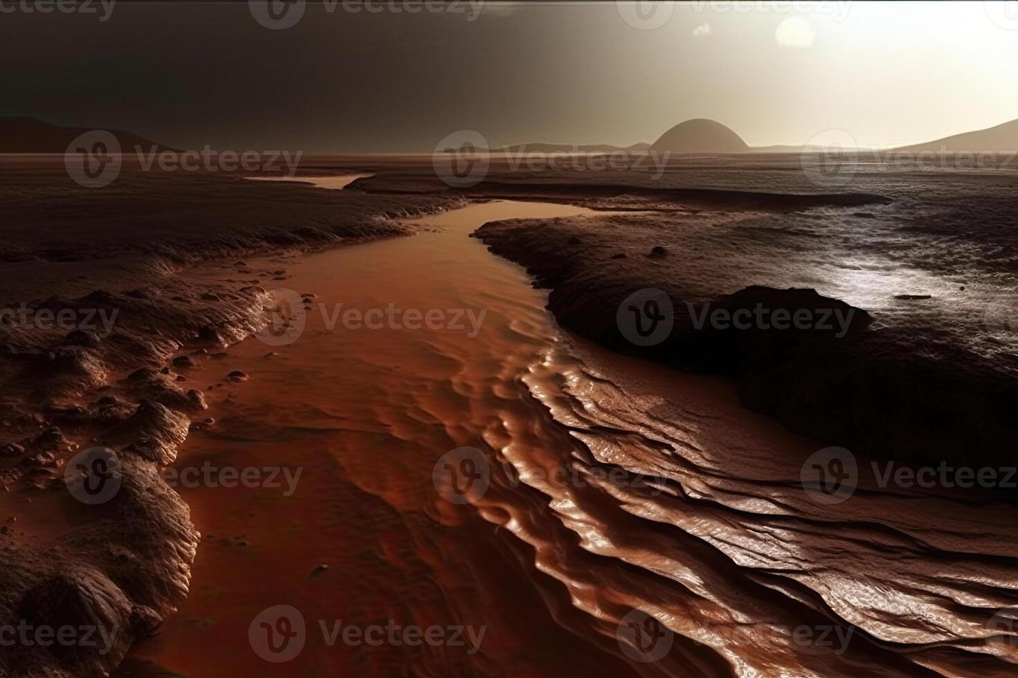 Red planet landscape with water in soil. Mars colonization. photo
