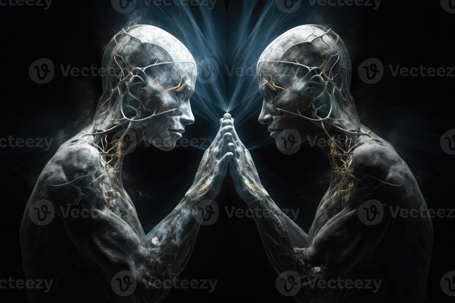 Two human soul silhouettes on dark background. photo