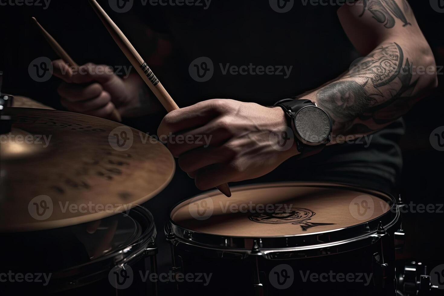 Musician plays drums, drummer on dark background. photo