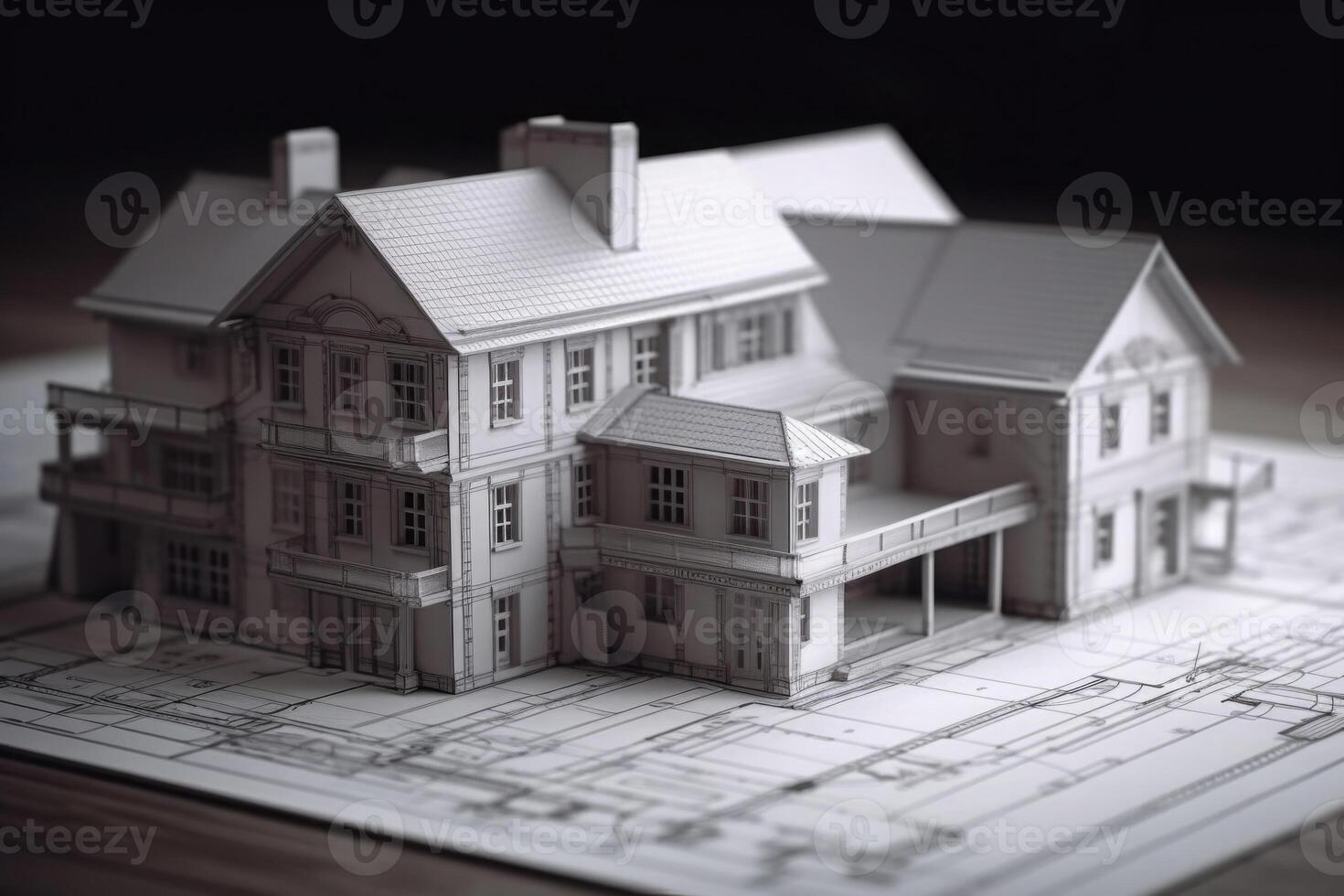 Model of house building standing on architectural project. photo