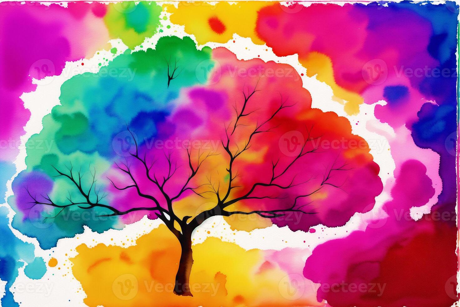 A watercolor painting of a tree with a rainbow on it. A colorful painting of a brain. Watercolor paint. Digital art, photo