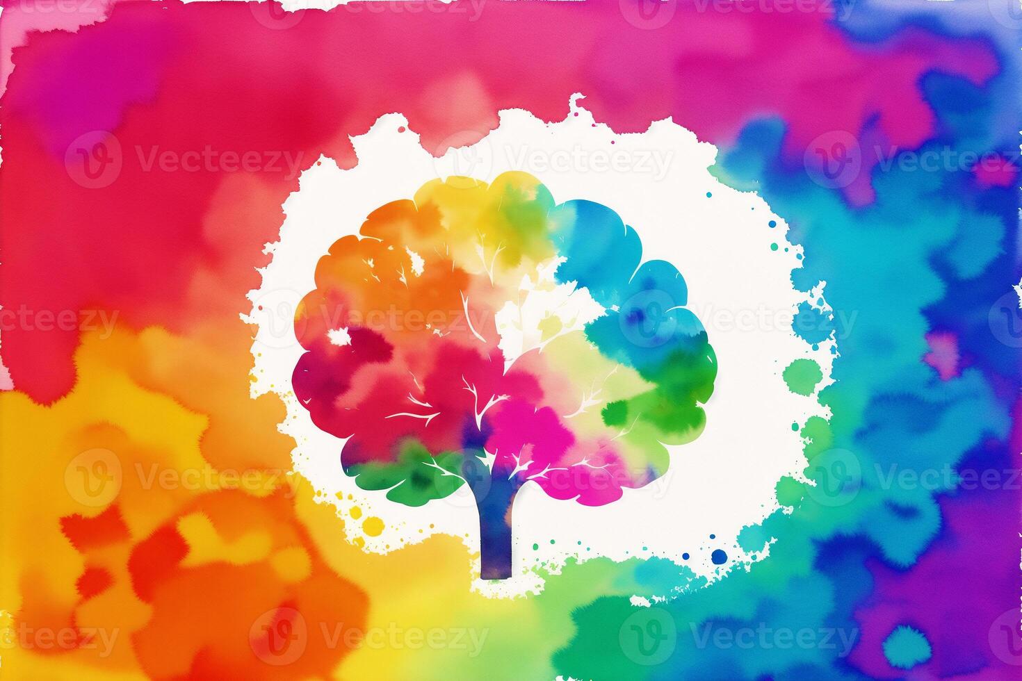 A watercolor painting of a tree with a rainbow on it. A colorful painting of a brain. Watercolor paint. Digital art, photo