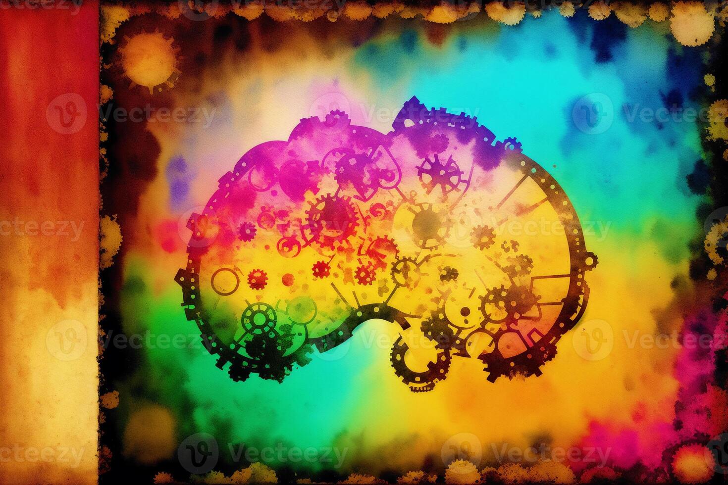 A watercolor painting of a tree with a rainbow on it. A colorful painting of a brain. Watercolor paint. Digital art, photo