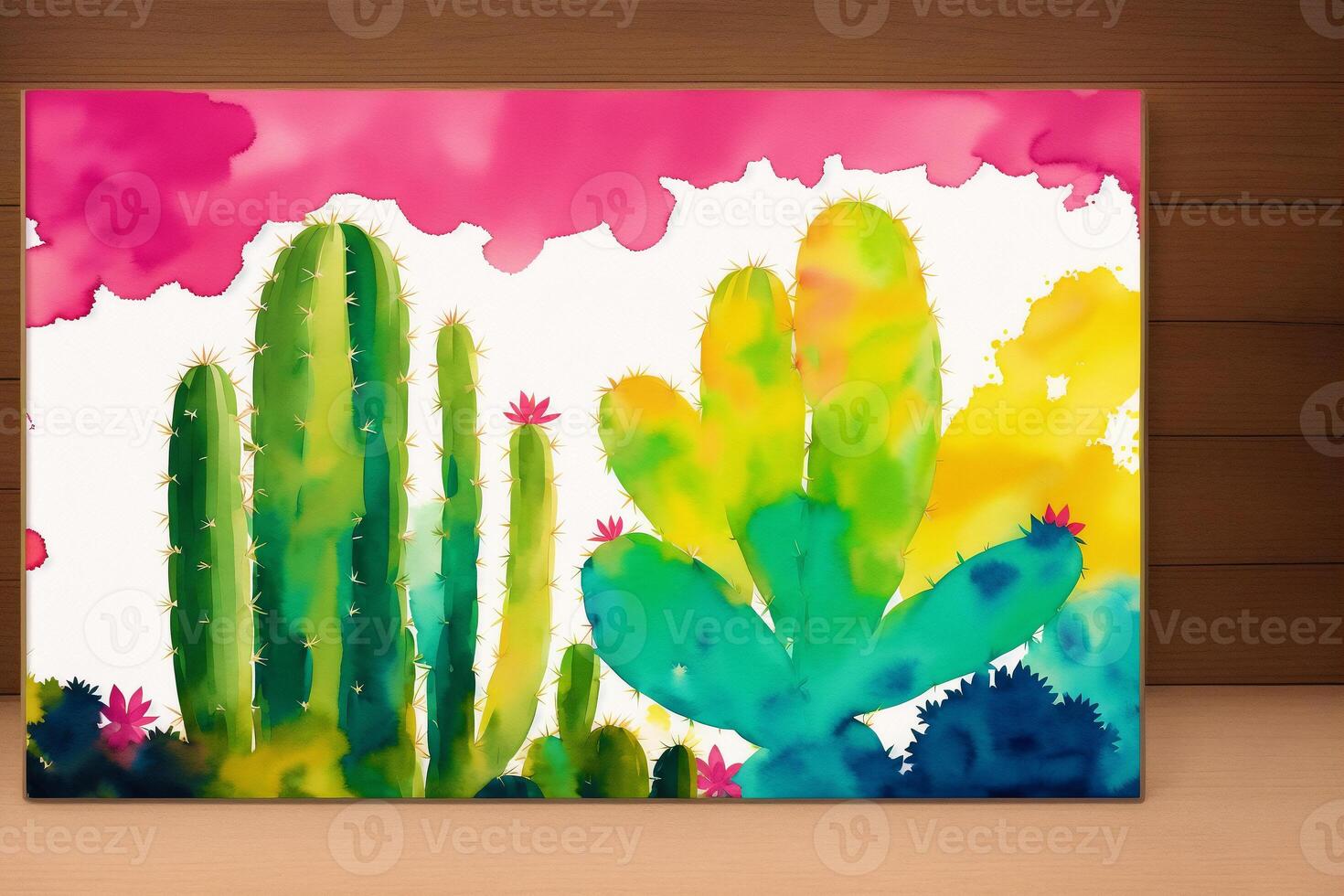 A colorful picture of a variety of cactuses. A colorful cactus painting. Watercolor paint. Digital art, photo